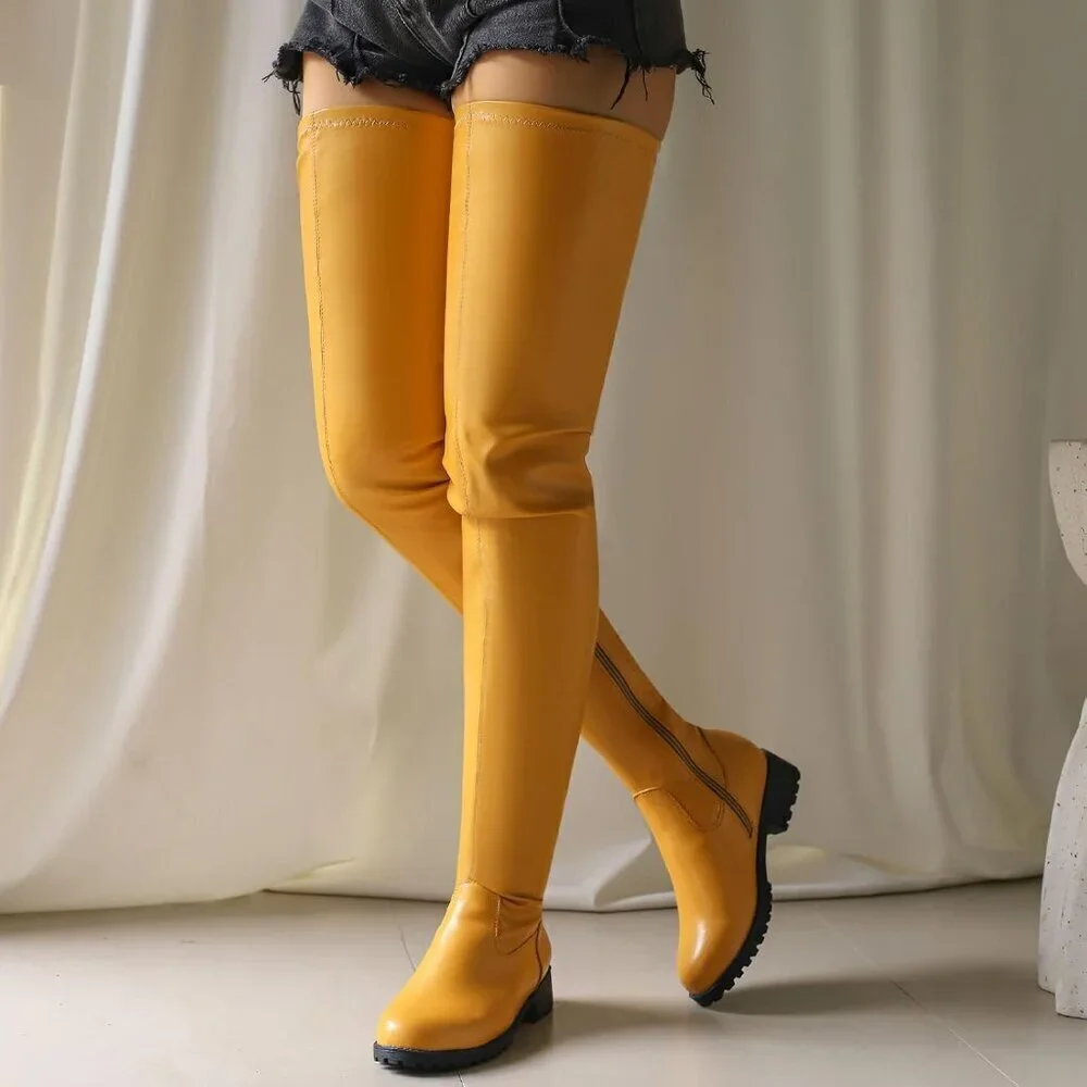 Women's Yellow Polyurethane Thigh High Over The Knee Rounded Toe Fashion Boots